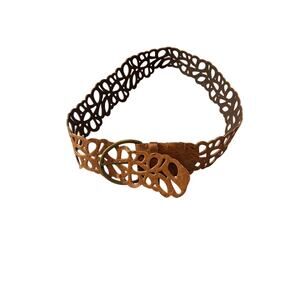 Wide Brown Genuine Leather Laser Cut Floral Belt Boho Western Festival Brass